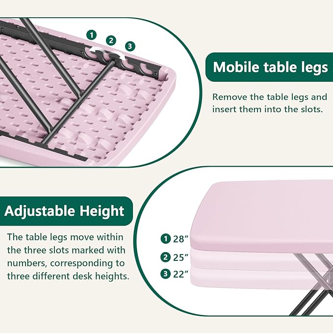 Folding Table 30 Inch - Small Desk Adjustable Height TV Tray for Laptop, Couch, Camping - Heavy Duty Utility Foldable Table for Small Spaces, No Assembly Required, Granite (Pink)