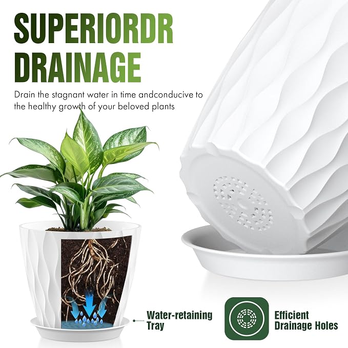 8 Inch Wave Plant Pots with Drainage Holes & Saucers, 4 Pack Modern Textured Medium Planters for Indoor Outdoor Plants, Decorative Flower Pots Repotting Set for Flowers, Herbs (White)