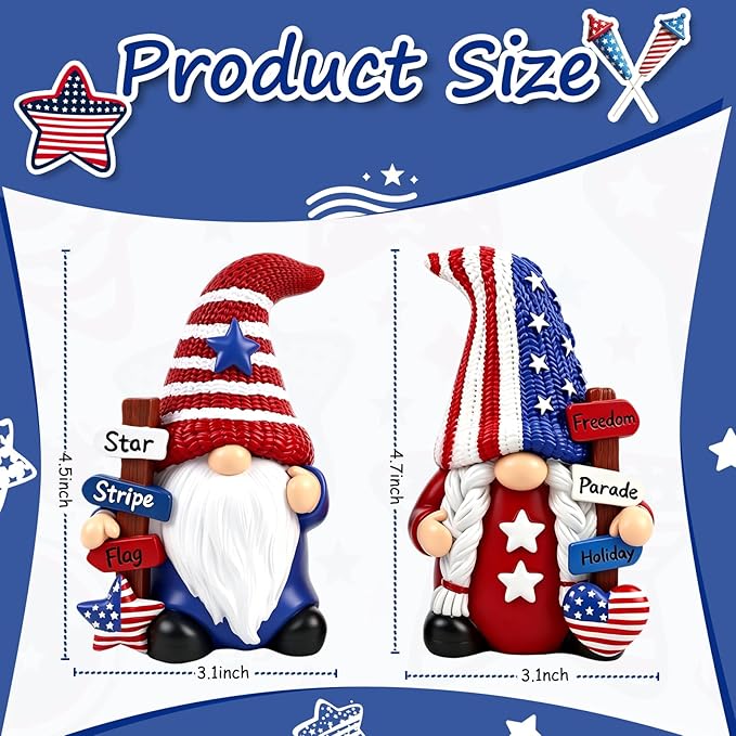 4th of July Gnome Decorations for Home 2 PCY Patriotic Desk Figurines Indoor Resin Collectible Statue Cute Holiday Ornament for Table Home