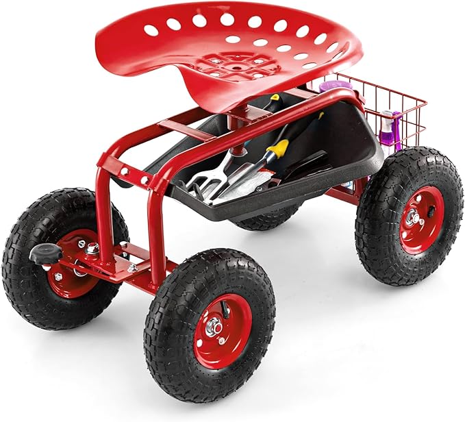 Goplus Garden Seat with Wheels, Rolling Garden Cart with 360 Degree Swivel Seat for Planting, Gardening Stool w/Tool Tray, Basket, Gardening Chair Workseat, Patio Wagon Scooter for Seniors
