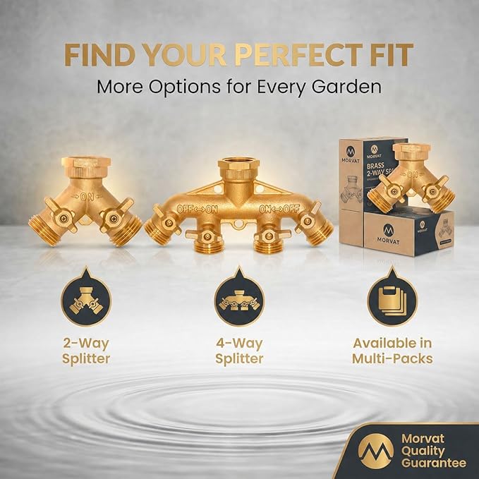 Morvat Brass Heavy-Duty Garden Hose Water Splitter | LEAD-FREE 2-Way Y Splitter for Water Spigot & Faucet | Manifold Connector ON/OFF Valves w/Improved Comfort Grip, 3 Extra Washers & Teflon Tape