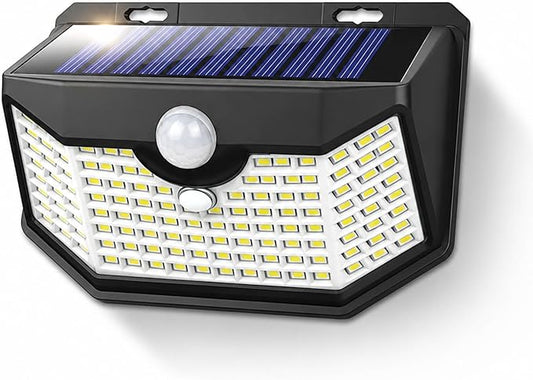 HMCITY 120 LED Solar Lights Outdoor with Motion Sensor and 3 Lighting Modes, IP65 Waterproof Wide Solar Wall Lights Ideal for Garden Patio Yard (Front Button 1Pack, Black Shell-Daylight White)