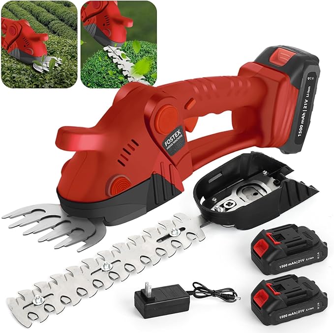 Cordless Grass Shears,2-in-1 Mini Hedge Trimmer,21V Handheld Grass Trimmer,Grass Trimmer with 2Pcs 1500mAh Batteries and Charger ＆Toolbox Electric Grass Shears for Garden, Lawn (Red)