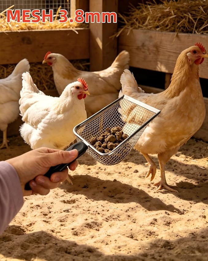 Chicken Poop Scooper, 2 Pack Chicken Coop Scoop with 3.8mm & 8mm Mesh,Chicken Poop Scooper for sand,Chicken Coop Accessories,Chicken Coop Cleaning Tools,Metal Chicken Coop Rake and Scoop Tool(Black)