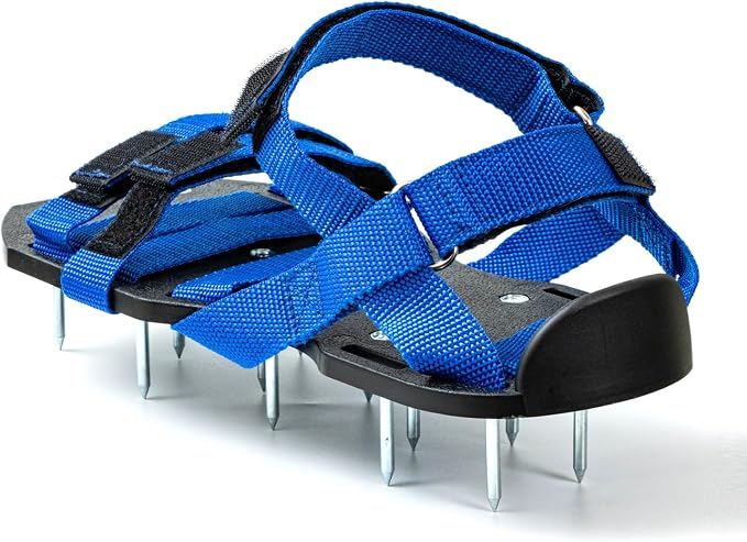 Lawn Aerator Shoes Pre-Assembled, Heavy Duty Lawn Spike Shoes with Adjustable Straps, Soil Aerating Tools for Yard Patio Garden, Includes Cleaning Shovel, Restores Lawn Health (Blue)