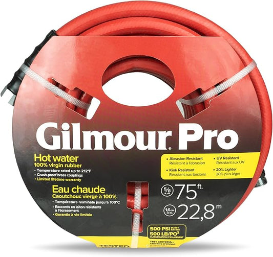 Gilmour Pro Rubber Hot Water Garden Hose – 5/8" x 75', Kink-Resistant, 400 PSI, Brass Fittings, Flexible in Cold, USA Made