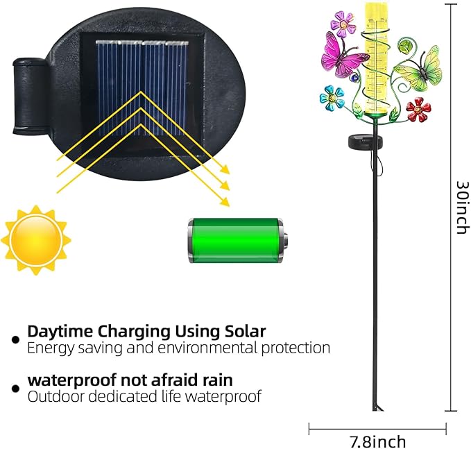 Butterfly Rain Gauge with 6 Inch Plastic Tube, Accurate Rain Gauges Outdoors Best Rated with LED Solar Lights Rain Measure Tool for Garden, Lawn, Patio