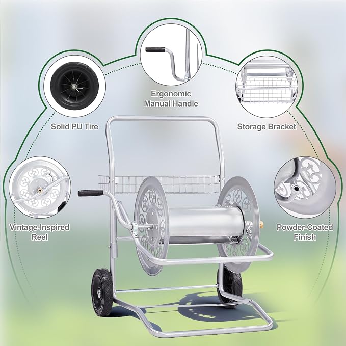 Outvita Garden Hose Reel Cart, Heavy Duty Water Hose Cart for Outside, Lawn Watering, for Garden, Yard, Lawn, Farm, Hold Up to 200 ft of 5/8’’ Hose, 2 PU Wheels, Storage Basket (Silver)