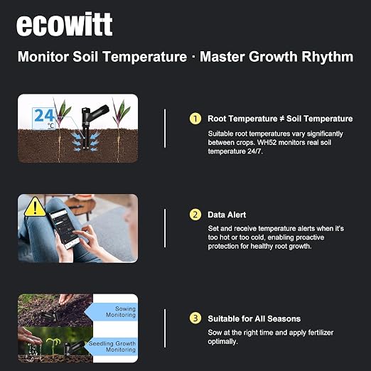 ECOWITT WH52 Soil Meter, Soil Moisture/Temperature/EC 3-in-1 Sensor, Sensor Only, Need to Pair with A Gateway or Console, 915 MHz
