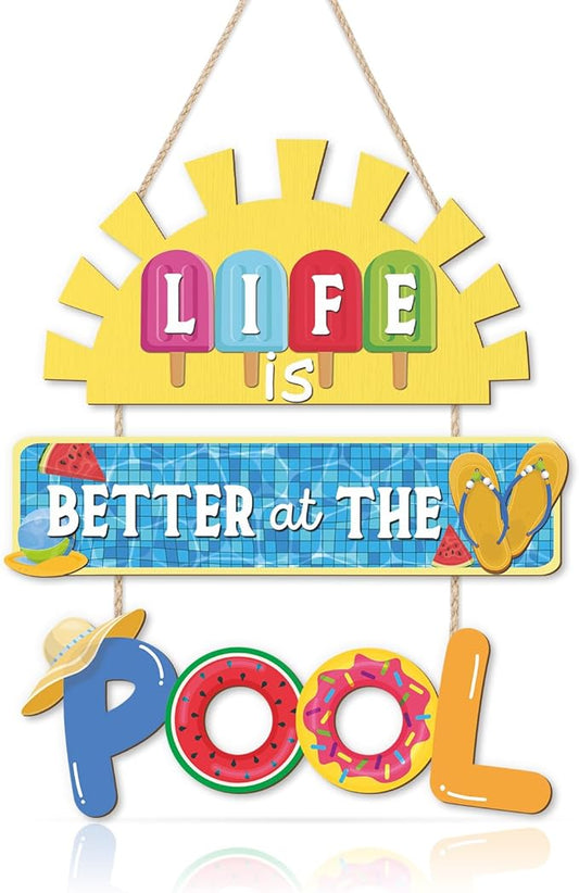 HOURIA Life is Better at The Pool Wood Hanging Sign,11.8 * 13.9 Inch Summer Sunshine Popsicle Swimming Pool Decor,Funny Pool Decorations for Outdoor Beach Party