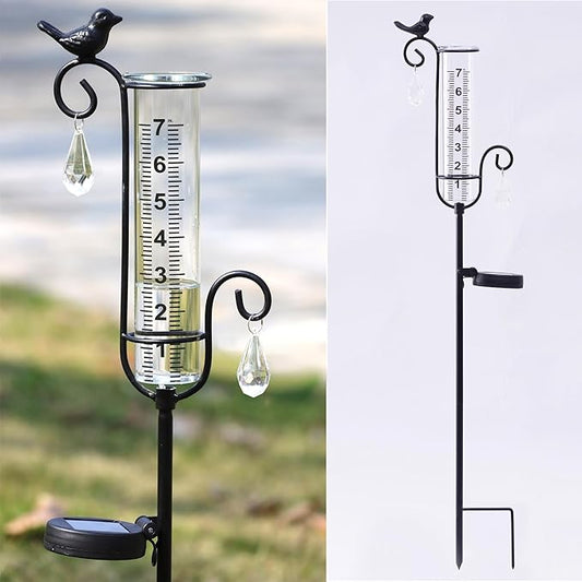 Bird Rain Gauge Outdoor with Solar Led Lights with Two Water Droplet Shaped Crystal Pendants. Bird Rain Gauge Decorative for Yard Garden Patio Lawn. Decorative Garden Yard Decor