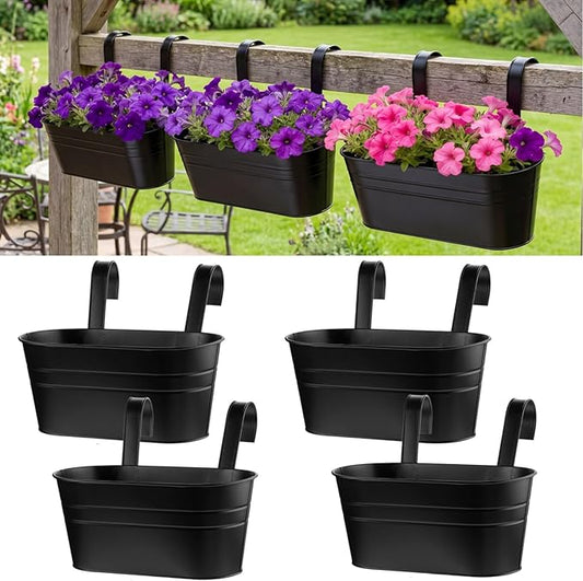 Hicarer Metal Hanging Flower Pots for Railing Fence, Large Hanging Rail Planters for Outdoor Window Balcony Plants Holder with Hooks for Garden Yard Home Decor(Black,4 Pcs)