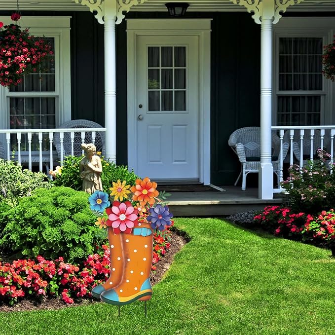 YEAHOME Garden Decor for Outside, 26” Decorative Garden Stakes Metal Boot with Flowers for Spring Decor, Yard Art Stakes for Outdoor Lawn Backyard Porch Pathway Garden Decorations