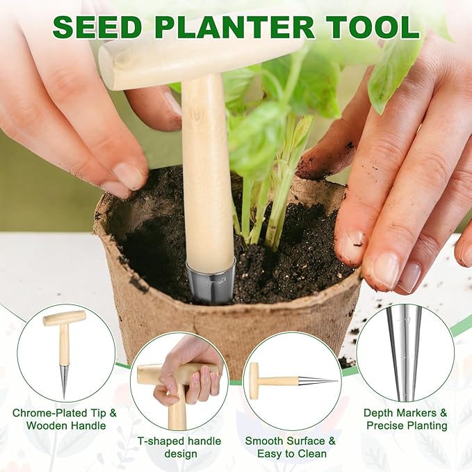 M METERXITY 1-Pack Seed Planter Tool, Chrome Plated Wooden Hand Dibber Garden Tool with Handle for Sowing Seeds/Transplanting/Planting Bulbs, Handheld Digging Hole Punch [Beige, Silver Tip]