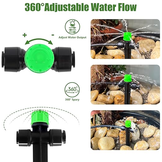 30pcs Drip Irrigation Emitters, Kalolary Adjustable 360 Degree Water Flow Emitters for 1/4" Tubing, Two-Way Connection Irrigation Drippers for Garden, Lawn, and Greenhouse Watering Systems(Green)