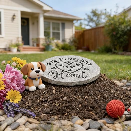 Landoraloria Pet Memorial Stone, 10” Cement Heart Stepping Stone, Outdoor Garden Remembrance Stone for Loss of Dog or Cat – “You Left Paw Prints on My Heart”