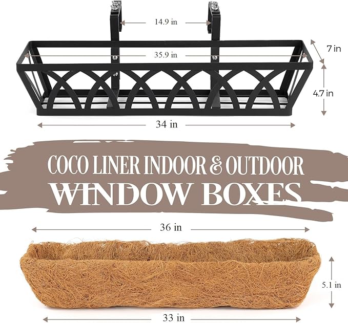 36IN Window Box Railing with Adjustable Brackets, Hanging Flower Planter Basket with Coco Liner for Outdoor Balcony Porch Fence Patio (Black - Set 2)