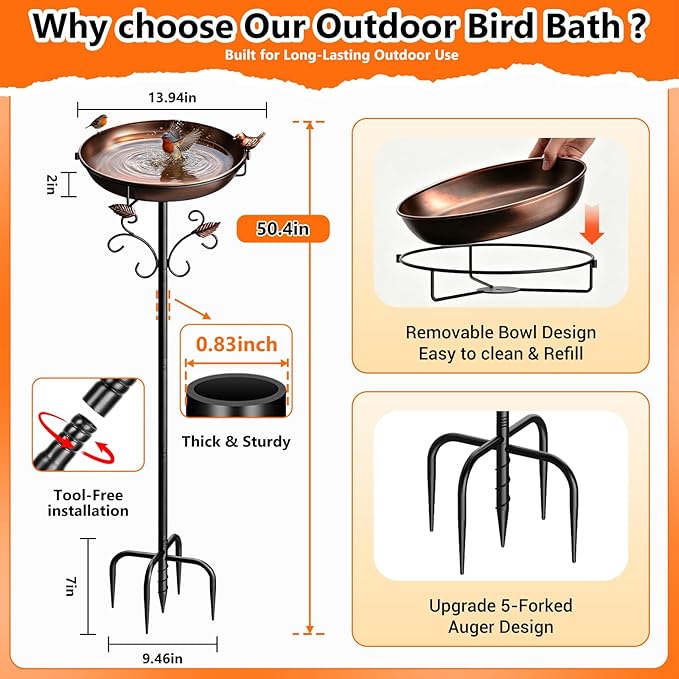 50" Tall Metal Bird Bath for Outside - Removable Birdbath Bowl with Stable 5-Prong Auger Base, Easy Clean Garden Yard Patio Lawn Decor, Rust-Proof