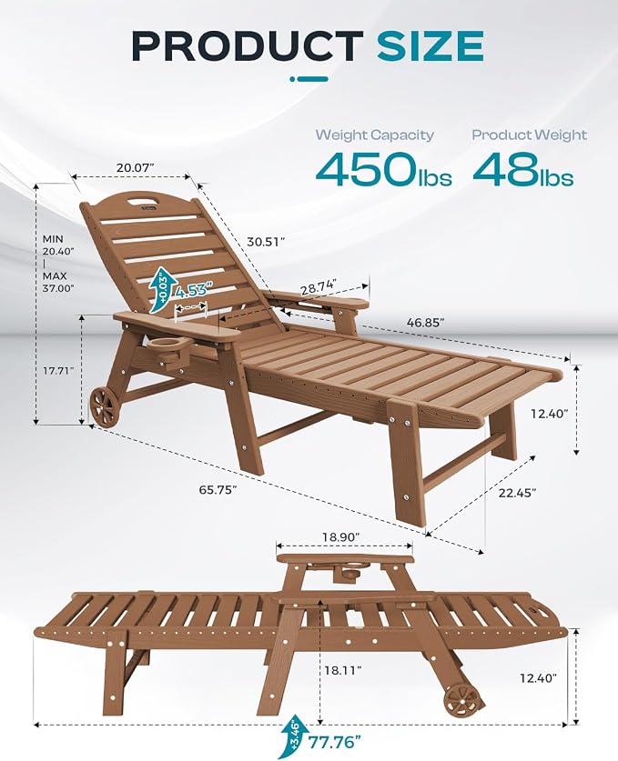 Ciokea Outdoor Chaise Lounge Chair Set of 2, Patio Lounge Chairs for Outside, HDPE Lounge Chair with Wheels & Cup Holder, Poly Chair with 5 Position for Poolside, Deck, Brown