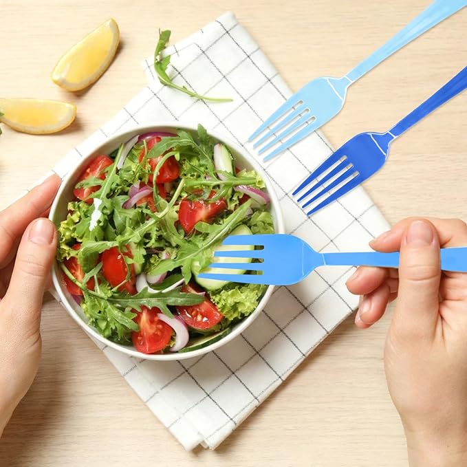 60 Pcs Blue Plastic Forks Disposable Baby Blue Cutlery Heavy Duty Plastic Silverware 50 Disposable Forks for Brithday, Wedding, Baby Shower