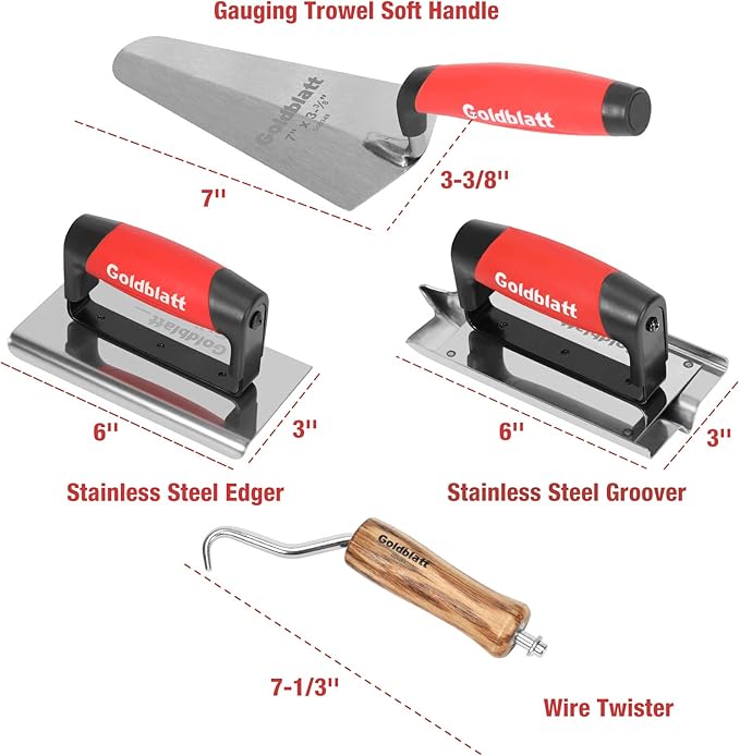 Goldblatt 8 Pieces Masonry Hand Tool Set Includes Finishing Trowel, Gauging Trowel, Groover, Edger, Extruded Alloy Float, Wood Float and Wire Twister, Organized in Tool Bag
