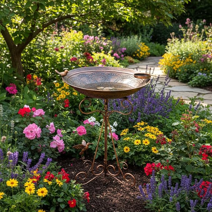 Bird Bath Large Bird Bath for Outside,Garden Bird Baths for Outdoors with Metal Pedestal Birdbath Vintage Bird Feeder Birdbaths Bowl with Folding Bracket