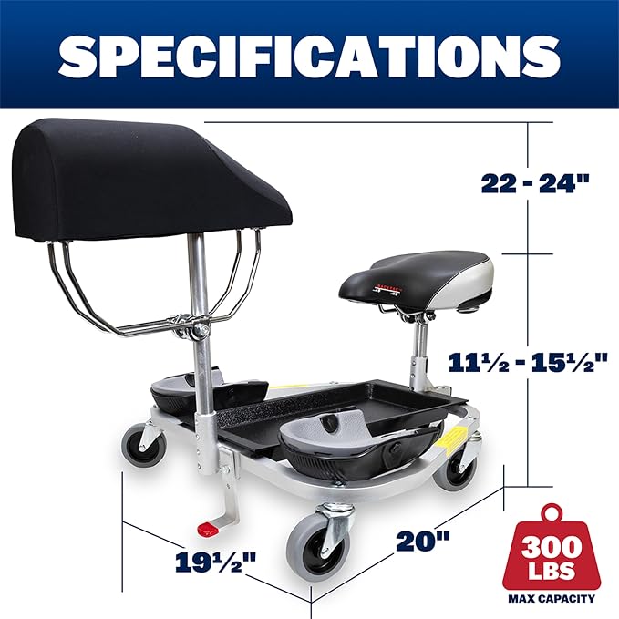 Racatac Kneeling Sitting Creeper with Chest Support, 2 Inch Casters, Rolling Knee Pads with Seat, Adjustable Seat, Knee Pads with Wheels, Assembled in USA, Floor Creeper, 01RACCS