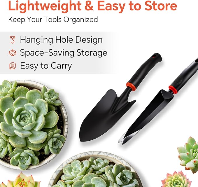 Vinid 4-Piece Heavy-Duty Garden Tool Set, Wide & Narrow Trowel, Root Remover, 3-Tine Cultivator, Hand Rake with Soft Rubber Non-Slip Handle, Idea Gift for Women, Mother