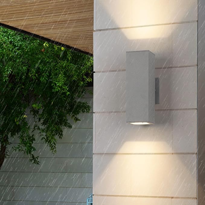 mirrea Modern Outdoor Porch Light Patio Light in 2 Lights with Aluminum Rectangular Tube and Tempered Glass Cover Waterproof Wall Sconce 2 Pack Matte Gray