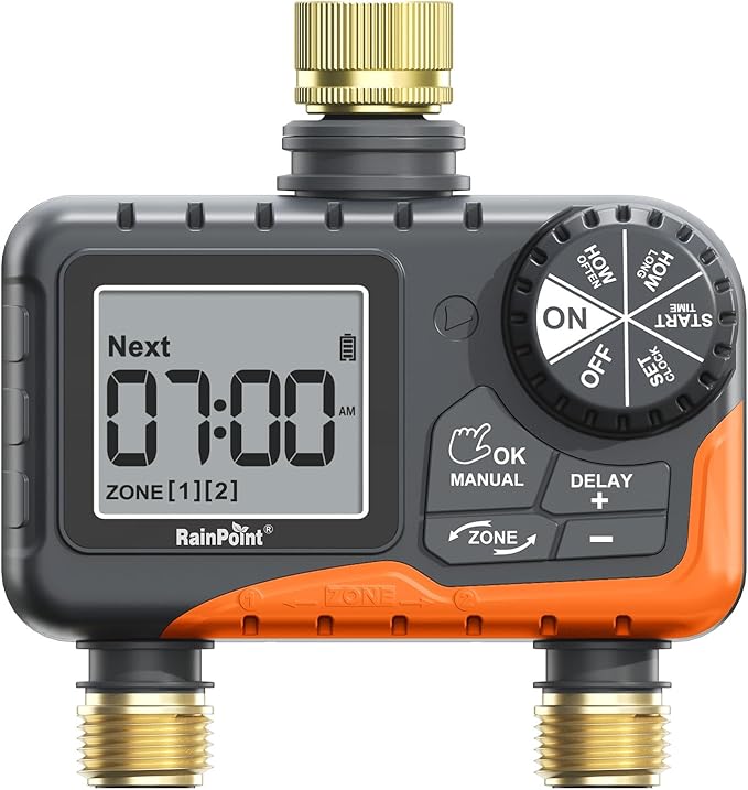 RAINPOINT 2 Zone Sprinkler Timer with Brass Inlet and Outlet - Water Timer for Garden Hose with Rain Delay/Manual Watering/Automatic Irrigation Controller for Yard(Orange)