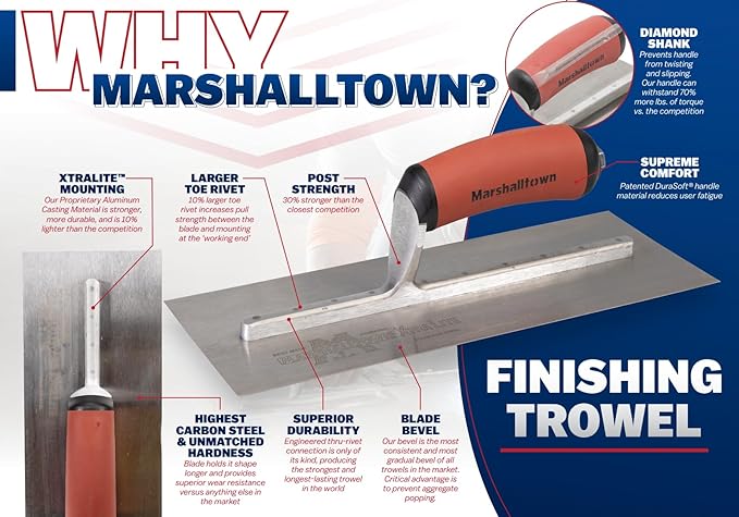 MARSHALLTOWN High Carbon Steel Finishing Trowel, 3 1/2x 18 Inch Concrete, Masonry and Drywall Finishing Tool, Made in the USA, MXS76D