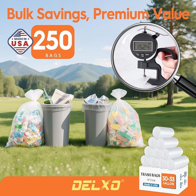 DELXO 30-33 Gallon Trash Bags, 250 Count Light to Medium Large Clear Garbage Bags, Thick Durable and Puncture-Resistant Plastic Bags for Kitchens, Yards & Offices, Made in USA