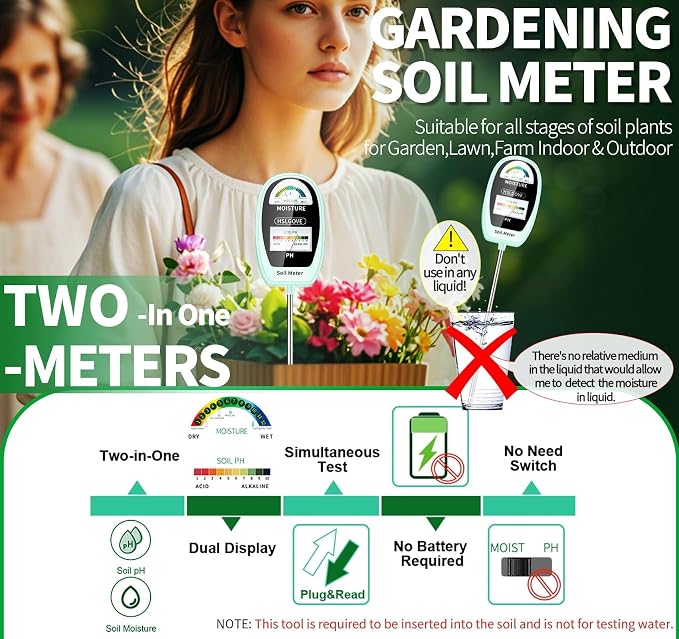 HSLGOVE Soil Test Kit, 2-in-1 Soil Moisture Meter/Soil PH Meter, Dual Screen Soil Tester, Soil Moisture Meter for Plants Watering/Gardening for Lawn,Farm Indoor&Outdoor Use-Pale Green