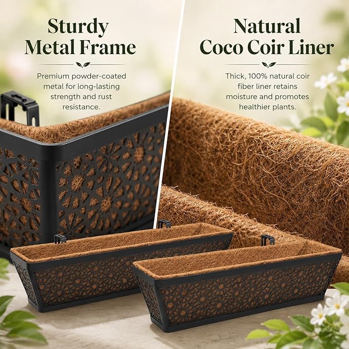 Halatool Railing Deck Balcony Planter Window Boxes, 2 Pack 30 Inch Metal Heavy Duty Planter Boxes with Coco Liner for Windowsill Fence Porch Patio Lawn Outdoor