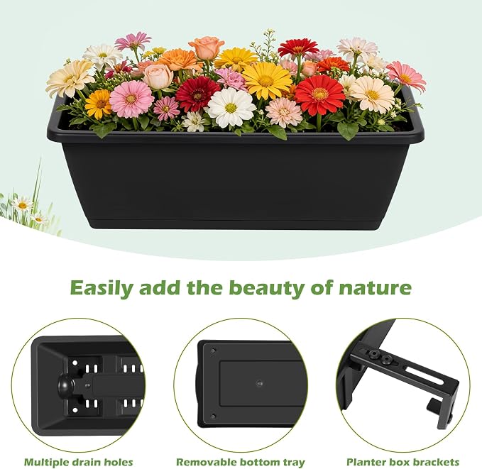 Railing Planter Boxes 2 Pack Window Boxes Planters with 2-Tier Adjustable Brackets, 17'’ Deck Railing Planter Boxes Vertical Balcony Hanging Flower Pots for Fence Rail Porch Garden Decor