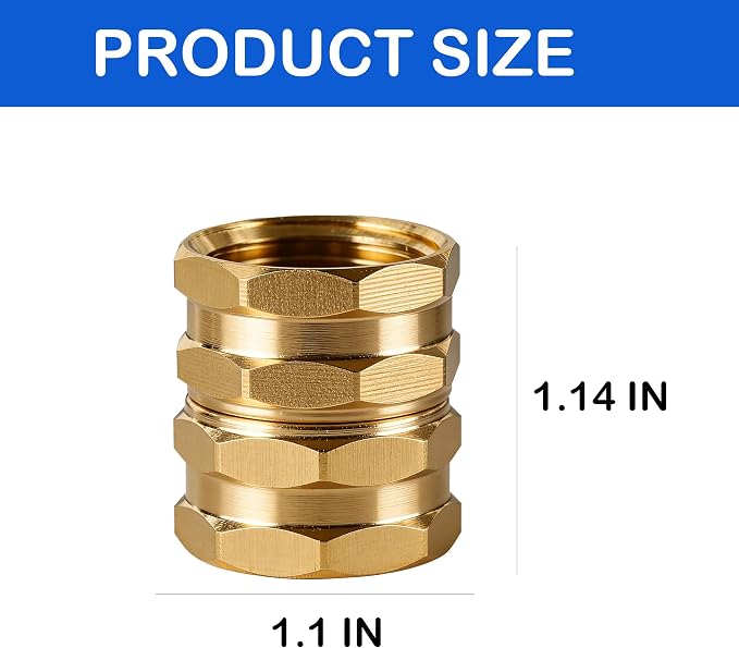 Hourleey Brass Garden Hose Adapter, 2 Pack 3/4 Inch Heavy Duty Solid Brass Female to Female Hose Connector, Garden Hose Repair Fittings with 4 Extra Washers, Leak-Proof Double Female Coupler