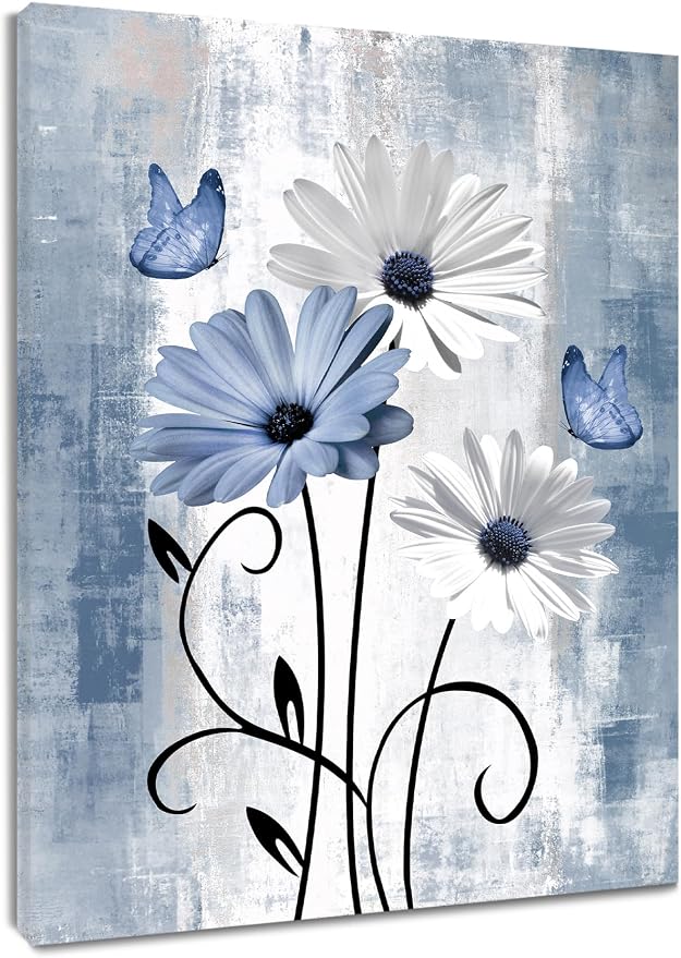 MYUSRE Farmhouse Blue Floral Wall Art for Living Room, Blue and White Daisy Butterfly on Abstract Geometric Canvas Wall Art Country Flower Pictures for Bedroom Bathroom Home Decor, 16L X 12W inches