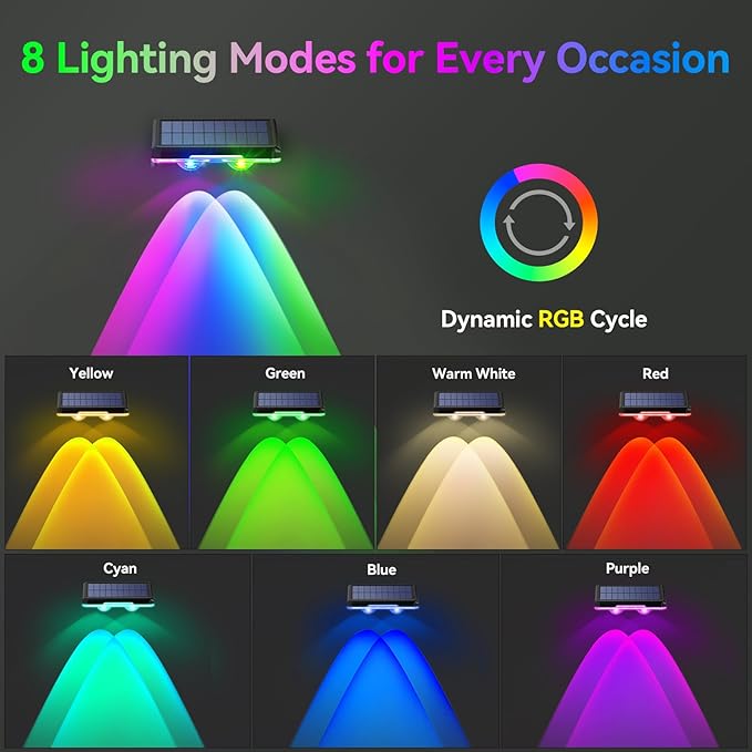 TECKNET Solar Fence Lights Outdoor 6 Pack, Warm White & 6 Colors & RGB, IP66 Waterproof LED Deck Light, Dusk to Dawn Fence Lights Solar for Wall, Railing, Step, Patio, Pool, Backyard, Outside
