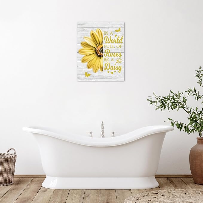 LB Yellow Daisy Floral Wall Art- Farmhouse Flower Funny Inspirational Quote Bathroom Wall Decor- Rustic Butterfly Framed Artwork Canvas Pictures for Living Room Bedroom Kitchen Office,16Lx12W inch