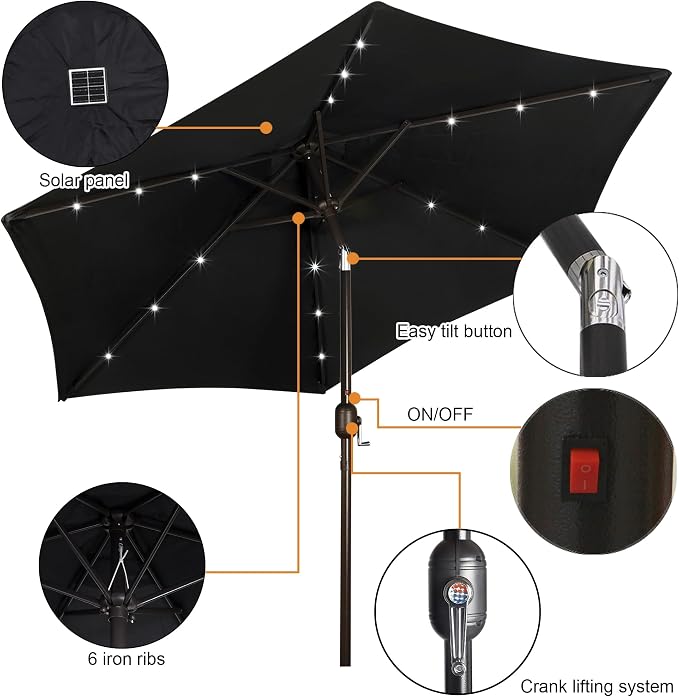 Blissun 7.5 ft Solar Umbrella, 18 LED Lighted Patio Umbrella, Table Market Umbrella