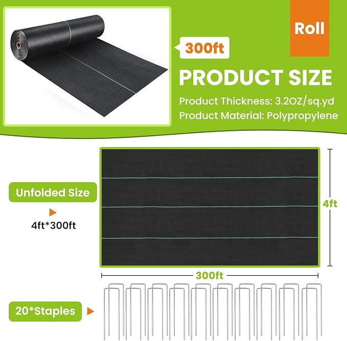 Weed Barrier Fabric, 4FTx300FT 3.2oz Landscape Fabric, Heavy Duty Durable Woven Geotextile Mat, Ground Cover for Gardening, Farming, Driveway, Landscaping