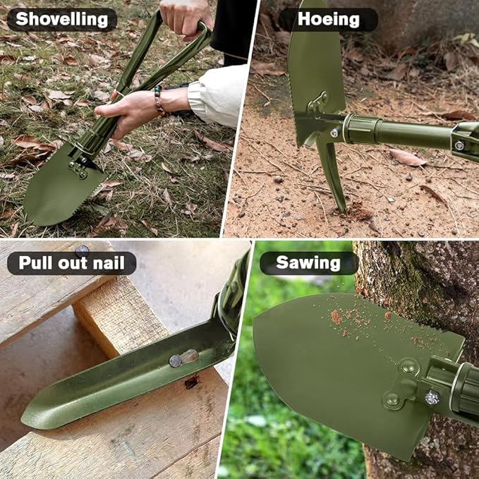 Camping Shovel, 18.5'' Digging Shovel Portable Ergonomic High Carbon Steel Folding Shovel for All Occasions Outdoor Camping Hiking Garden (Green/Silver)