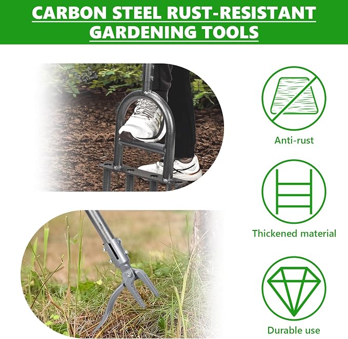 2-in-1 Lawn Aerator Tool, Foot-Operated Weed Puller & Core Aerator 4 Hollow Tines with Adjustable Height, Heavy-Duty Anti-Rust Carbon Steel for Compacted Soil Aeration, Garden Lawn Care