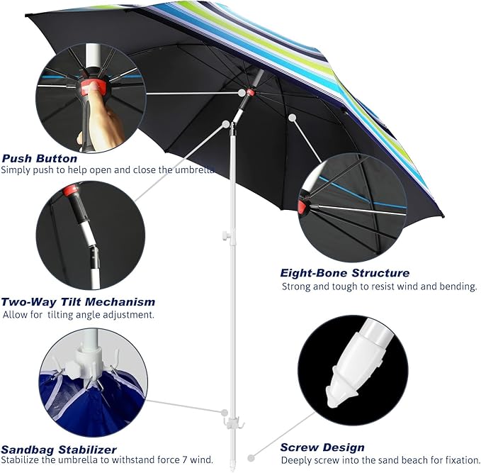 Fisqueen 8FT Large Beach Umbrella with Level 7 Wind Resistance Sand Anchor Sand Bag, Portable Outdoor Umbrella with UPF50+ UV Protection, Tilt Sun Shelter for Beach, Patio, Yard