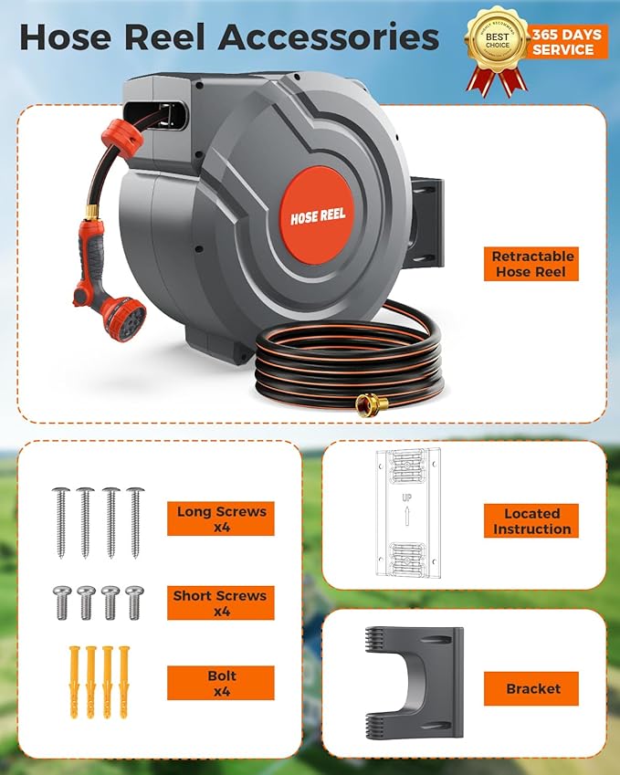 Retractable Garden Hose Reel,Wall Mounted 100 ft 5/8 Inch Automatic Return, Any-Length Lock, 9-Pattern Sprayer, 180° Swivel, Durable Water Hose Reel for Yard and Home