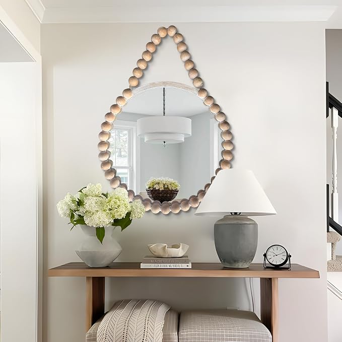 POZINO Wood Beaded Round Mirror, 24" Farmhouse Hanging Rustic Mirror with Rope, Spherical Frame Circle Wall Mirror for Bathroom Bedroom Living Room Hallway Entryway Fireplace