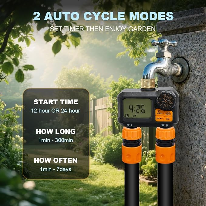 ANDOLL HOME Water Timer for Garden Hose - 2 Zone Timed Sprinkler with Rain Delay/Manual Watering/Automatic Irrigation Programmable Faucet Timer for Yard Lawn (1, Matte-Black)
