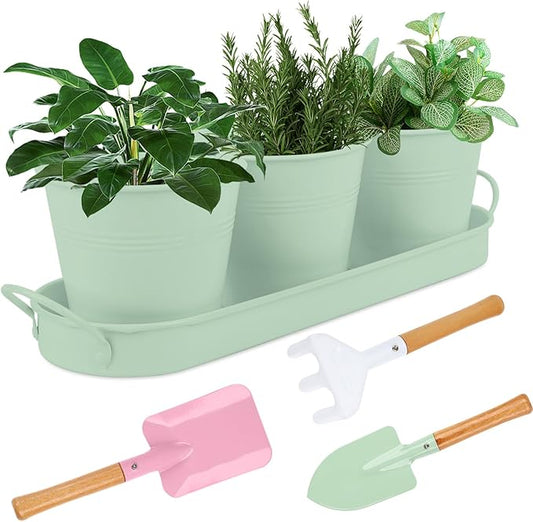 Indoor Herb Garden Set of 3 with Tray and 3 Types of Gardening Tools, Metal Plant Pots Herb Garden Planter Kit with Drainage for Plants (Green)