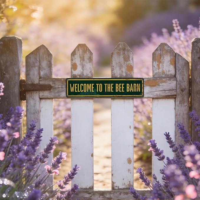 Garden Metal Tin Sign, Welcome to the Bee Barn Sign, Rustic Garden Decor, for Yard Fence Door Porch, Outdoor Gardens Decoration, Ideal for Bee Lovers, 15.7 x 3.9 Inches