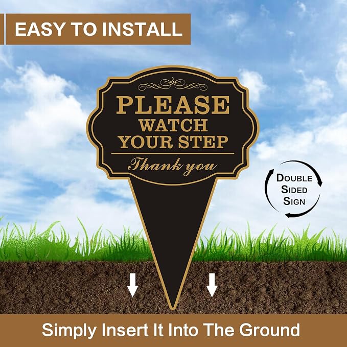 Double Sided Yard Sign, 10"x14" Caution Watch Your Step Garden with Stake, Rust-Free Metal Please Watch Your Step Sign Outdoor, UV Printed Safety Sign for Walkway or Lawn (WATCH YOUR STEP-1PACK)